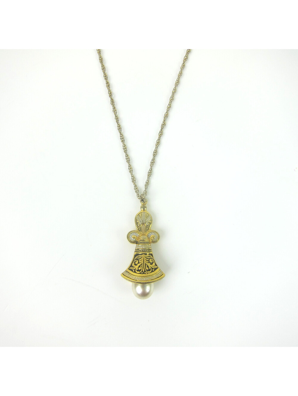 Vintage Damascene Bell Pendant Necklace Gold tone Black Enamel Faux Pearl 1970s